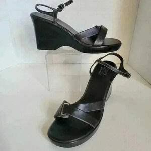 A2 By Aerosoles Strappy Y2K Wedge Black Sandals Size 11 With Buckle Accent EUC